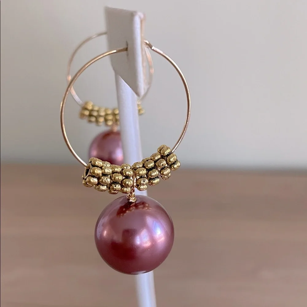 HAND CRAFTED HOOP EARRINGS Mauve Faux Pearls Gold Plated Daisy Rondelles